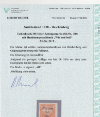III. Reich / Dt. Bes. Sudetenland, 1938, Mi.- Nr.: 50, *! Fotoattest Brunel VPeV, : e+e! Sehr selten!