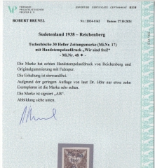 III. Reich / Dt. Bes. Sudetenland, 1938, Mi.- Nr.: 48, *! Fotoattest Brunel VPeV, : e+e! Sehr selten!