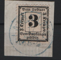 Bayern, ca. 1870, Mi.- Nr.: Portomarke Nr. 3X, auf Briefstück, tiefstgeprüft Pfenninger! Seltenes Luxusstück!