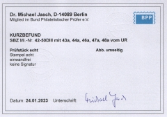 SBZ, Ost- Sachsen, 1945, Mi.- Nr.: 42- 50 DIII, je vom Ur, auf Briefstk., akt. K.- Befund Dr. Jasch BPP: echt und einwandfrei Selten!