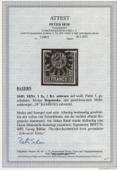 Bayern, 1849, Mi.- Nr.: 1 Ia, gestempelt,  kl. Bogenecke, akt. Fotoattest Sem BPP: e + ....! Gutes Kabinettstück! RR!