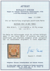 DAP Türkei, 1889 / 90, Mi.- Nr.: 9 b, mit Plf.: I, **, Fotoattest Steuer VÖB: e+e! Luxusstück! Sehr selten!