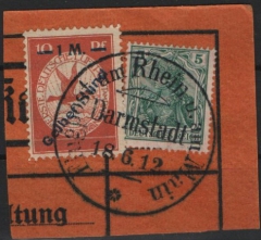 Dt. Kaiserreich, Flugpost, 1912, Mi.- Nrn.: 85 I + IV, gestempelt, auf kl. Briefstück, mit Darmstadt- Stempel!! Sehr selten!