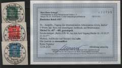 DR / Weimar, 1927, Mi.- Nrn.: 407- 409, gestempelt auf Briefstück, mit Sonderstempel! Akt. Befund Schlegel BPPe+e!Luxussatz! Selten!