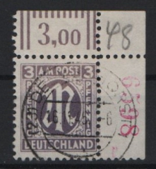 Bizone, AM- Post, 1945, Mi.- Nr.: 17 r4, Bogenrandstück mit 4- stelliger roter Bogennr., gestempelt, Bedarfsstück, selten!