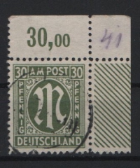 Bizone, AM- Post, 1945, Mi.- Nr.: 29 oN, Bogenrandstück ohne Bogennr., gestempelt, Bedarfsstück, selten!