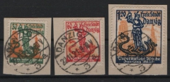 Danzig, 1921, Mi.- Nrn.: 90- 92, gestempelt, je auf kl. Briefstück, geprüft, Infla Berlin K! Luxusstücke! Sehr selten!