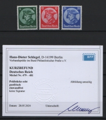 III. Reich, 1933, Mi.- Nrn.: 479- 481, **,  kpl. Satz, mit aktuellem K.- Befund Schlegel BPP; echt und einwandfrei! Luxussatz!