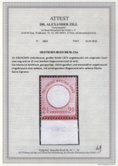 Dt. Kaiserreich, Brustschilder, 1872, Mi.- Nr.: 21 a, * mit Ur.! Akt. Fotoattest Dr. Zill BPP: e+e! Luxusstück! Sehr selten!