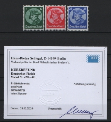 III. Reich, 1933, Mi.- Nrn.: 479- 481, **,  kpl. Satz, mit aktuellem K.- Befund Schlegel BPP; echt und einwandfrei! Luxussatz!