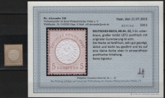 Dt. Kaiserreich, Brustschilder, 1872, Mi.- Nr.: 22, **, akt. Befund Dr. Zill BPP: e + ....e! Gutes Kabinettstück!
