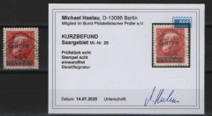 Saargebiet, 1920, Mi.- Nr.: 29, gestempelt, Akt. K.- Befund Haslau BPP: echt und einwandfrei! Selten!