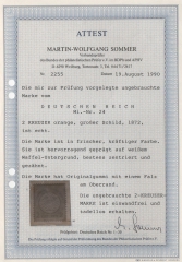 Dt. Kaiserreich, Brustschilder, 1872, Mi.- Nr.: 24, *! Fotoattest Sommer BPP: e+ e! Qualitätsstück! Selten!