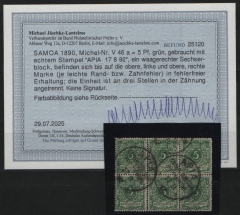 Dt. Kolonien, Samoa, 1892, Mi.- Nr.: V 46 a (6x), gestempelt, im 6er- Block, akt. Befund Jäschke- L. BPP! Kabinettstück! Sehr selten!