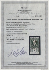 Bizone, AM- Post, 1945, Mi.- Nr.: 35 Bz mit Ur., mit PlF. 1! gestempelt, akt. FA Wehner BPP; e+e! Luxusstück! Sehr selten!