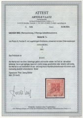 Sachsen, 1850, Mi.- Nr.: 1 c, auf kl. Briefstück, akt FA Vaatz BPP: e + ...! + FA Bühler + Rismondo BPP! Kabinettstück!