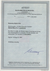 III. Reich, 1933, Mi.- Nr.: Bl. 2, **, Der Nothilfeblock, akt. (6/25) FA Schlegel BPP; e + e! Luxusstück! RR!