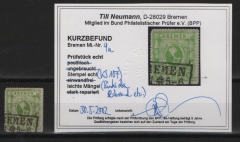 Bremen, ca. 1863, Mi.- Nr.: 9a, gestempelt, Kurzbefund T. Neumann BPP! Kabinettstück! Selten!