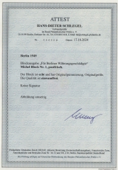 Berlin, 1949, Mi.- Nr.: Bl. 1, postfrisch, mit akt. Fotoattest Schlegel BPP! echt und einwandfrei! Luxusstück! Selten!