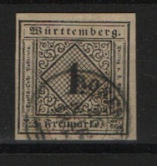 Württemberg, ca. > 1851, Mi.- Nr.: 1a, gestempelt, tiefgeprüft Brettl! Gutes Prachtstück! Selten!