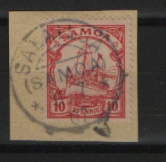 Dt. Kolonien, Stempel, Samoa, 1907, Mi.- Nr.: 9, auf kl. Briefstück, gestempelt mit Saleilua, selten!