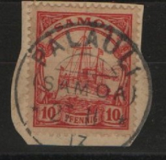 Dt. Kolonien, Stempel, Samoa, 1913, Mi.- Nr.: 9, auf kl. Briefstück, gestempelt mit Palauli! Sehr selten!