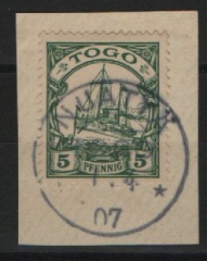 Dt. Kolonien, Stempel, Togo, 1907, Mi.- Nr.: 8, auf kl. Briefstück, gestempelt mit Nuatyä! Selten!