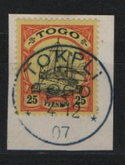 Dt. Kolonien, Stempel, Togo, 1912, Mi.- Nr.: 11, auf kl. Briefstück, gestempelt mit TOKPLI, tiefstgeprüft Bothe BPP! Selten!