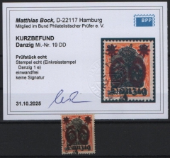 Danzig, 1920, Mi.- Nr.: 19 DD, gestempelt, akt. K.- Befund Bock BPP: e+e! Luxusstück! Sehr selten! RR!