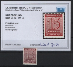 SBZ, West- Sachsen, 1945, Mi.- Nr.: 133 Y b, **, Akt. Kurzbefund Dr. Jasch BPP: e + e! Luxusstück! Selten!