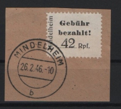 Lockalausgaben, West, 1946, Mindelheim, Mi.- Nr.: 2 B, auf kl. Briefstücck, tiefstgeprüft Zierer BPP! Seltene Ausgabe!