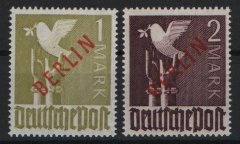 Berlin, 1949, Mi.- Nrn.: 33- 34, 1 + 2 MK. Rot- Aufdruck, **, je tiefstgeprüft Schlegel BPP! Luxusstücke!