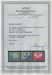 III. Reich, 1933, Mi.- Nrn.: 505A- 507, **, Kurz-Satz, mit akt. Fotoattest Schlegel BPP; echt und einwandfrei! Luxussatz!