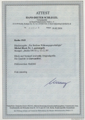 Berlin, 1949, Mi.- Nr.: Bl. 1, gestempelt mit 2 Tagesstempeln (!), mit akt. Fotoattest Schlegel BPP! e+e! Luxusstück!