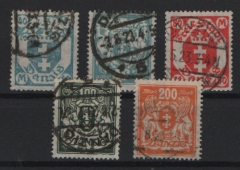 Danzig, 1923, Mi.- Nrn.: 138- 42, bedarfsgestempelt, je im Block geprüft Infla Berlin! Selten!