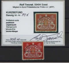 Danzig, 1922, Mi.- Nr.: 99 X, gestempelt, KB Tworek BPP; e+e! Qualitätsstück! Selten!