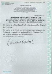 DR, Germania, ohne Wz., 1904, Mi.- Nr.: 81 Ab, **/ postfrisch, akt. FA Kroschel VPeV / VPEX : e+e, Luxusstück! Sehr selten!