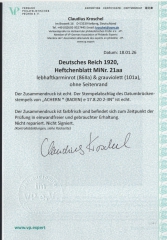 DR, Germania, 1920, HBL, Mi.- Nr.: 21 aa, gestempelt, akt. FA Kroschel VPeV/ VPEX, e + e! Gutes Bedarfsstück! Selten!