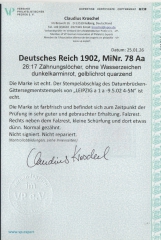 Dt. Kaiserreich, 1902, Germania o. Wz., Mi.- Nr.: 78 Aa, gestempelt, akt. FA Kroschel VP / VPEX; e+ ...! Bedarfsstück! Selten! R!