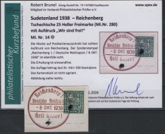 III. Reich / Dt. Bes. Sudetenland, 1938, Reichenberg, Mi.- Nr.: 14, auf kl. Briefstk.! Akt. FB Brunel VPeV, : e+e! Selten!