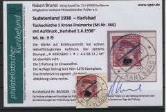 III. Reich / Dt. Bes. Sudetenland, 1938, Karlsbad, Mi.- Nr.: 9, auf kl. Briefstk.! Akt. FB Brunel VPeV, : e+e! Selten!