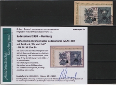 III. Reich / Dt. Bes. Sudetenland, 1938, Rumburg, Mi.- Nr.: 50 Zf w, auf kl. Briefstk.! Akt. FB Brunel VPeV. : e+e! Selten!