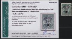 III. Reich / Dt. Bes. Sudetenland, 1938, Maffersdorf, Mi.- Nr.: 133, (*)! Akt. FB Brunel VPeV. : e+e! Selten! Auflage: 1000!