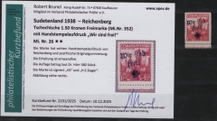 III. Reich / Dt. Bes. Sudetenland, 1938, Reichenberg, Mi.- Nr.: 26, **! Akt. FB Brunel VPeV. : e+e! Selten! Auflage: 380!