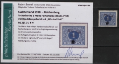 III. Reich / Dt. Bes. Sudetenland, 1938, Reichenberg, Mi.- Nr.: 71, **! Akt. FB Brunel VPeV. : e+e! Selten! Auflage: 150!