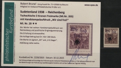III. Reich / Dt. Bes. Sudetenland, 1938, Reichenberg, Mi.- Nr.: 29, **! Akt. FB Brunel VPeV. : e+e! Selten! Auflage: 300!