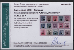 III. Reich / Dt. Bes. Sudetenland, 1938, Rumburg, Mi.- Nr.: 1- 15, *! Akt. FB Brunel VPeV, : e+e! Selten!