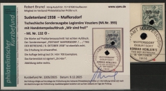 III. Reich / Dt. Bes. Sudetenland, 1938, Maffersdorf, Mi.- Nr.: 132, auf kl. Briefstk.! Akt. FB Brunel VPeV, : e+e! Selten! Auflage 700 Stk.!