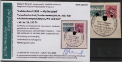 III. Reich / Dt. Bes. Sudetenland, 1938, Maffersdorf, Mi.- Nr.: 24 + 137, auf kl. Briefstk.! Akt. FB Brunel VPeV, : e+e! Selten!
