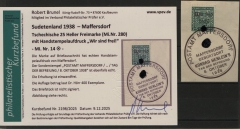 III. Reich / Dt. Bes. Sudetenland, 1938, Maffersdorf, Mi.- Nr.: 14, auf kl. Briefstk.! Akt. FB Brunel VPeV, : e+e! Selten! Auflage 400 Stk.!